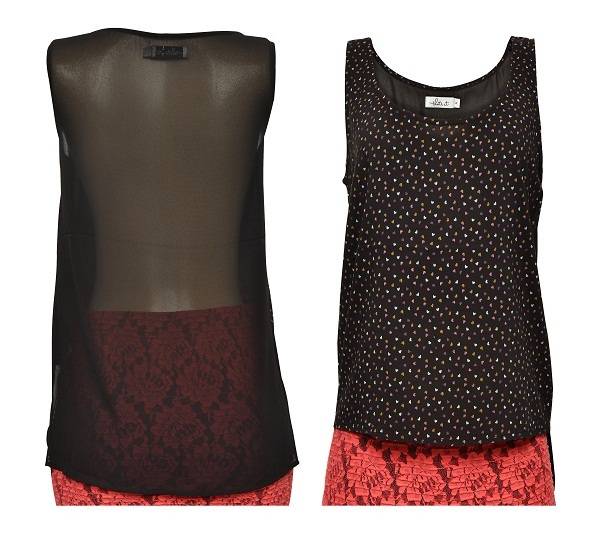 Blusa com transpar&ecirc;ncia nas costas. R$ 49,99.<br>