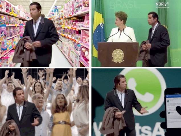 Um dos maiores sucessos no Facebook nas últimas semanas, a cena de um confuso John Travolta, retirada do filme Pulp Fiction, estampou uma sucessão de piadas animadas, uma mais hilariante que a outra. Elas colocavam o personagem Vincent Vega nos cenários mais bizarros, como a seção de brinquedos de um supermercado. Por aqui, ele despontou ao lado da presidente Dilma, na mensagem de fim de ano da Rede Globo e na proibição judicial do WhatsApp, no último dia 17 Um dos maiores sucessos no Facebook nas últimas semanas, a cena de um confuso John Travolta, retirada do filme Pulp Fiction, estampou uma sucessão de piadas animadas, uma mais hilariante que a outra. Elas colocavam o personagem Vincent Vega nos cenários mais bizarros, como a seção de brinquedos de um supermercado. Por aqui, ele despontou ao lado da presidente Dilma, na mensagem de fim de ano da Rede Globo e na proibição judicial do WhatsApp, no último dia 17