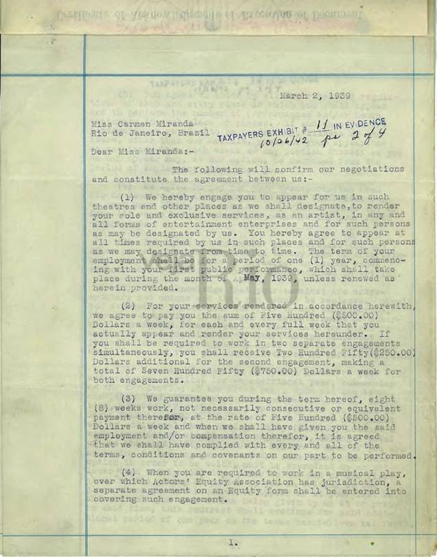 Primeiro contrato assinado por Carmen com Lee Shubert, através do consulado dos EUA, em 1939 Primeiro contrato assinado por Carmen com Lee Shubert, através do consulado dos EUA, em 1939