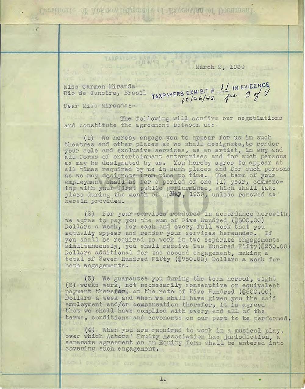 Primeiro contrato assinado por Carmen com Lee Shubert, atrav&eacute;s do consulado dos EUA, em 1939