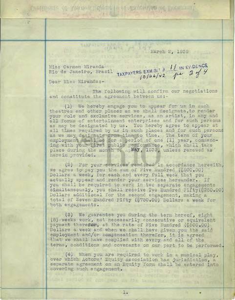 Primeiro contrato assinado por Carmen com Lee Shubert, atrav&eacute;s do consulado dos EUA, em 1939