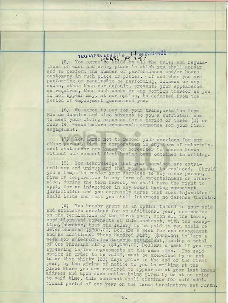 Primeiro contrato assinado por Carmen com Lee Shubert, atrav&eacute;s do consulado dos EUA, em 1939