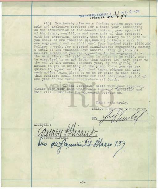 Primeiro contrato assinado por Carmen com Lee Shubert, atrav&eacute;s do consulado dos EUA, em 1939