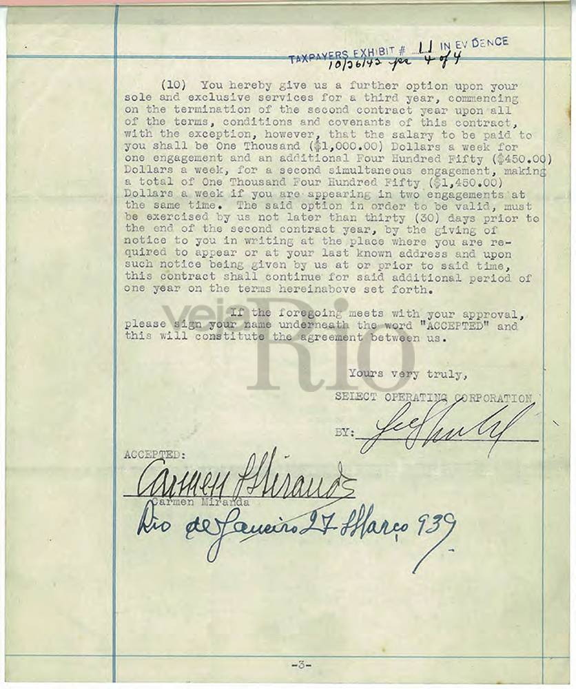 Primeiro contrato assinado por Carmen com Lee Shubert, através do consulado dos EUA, em 1939 Primeiro contrato assinado por Carmen com Lee Shubert, através do consulado dos EUA, em 1939