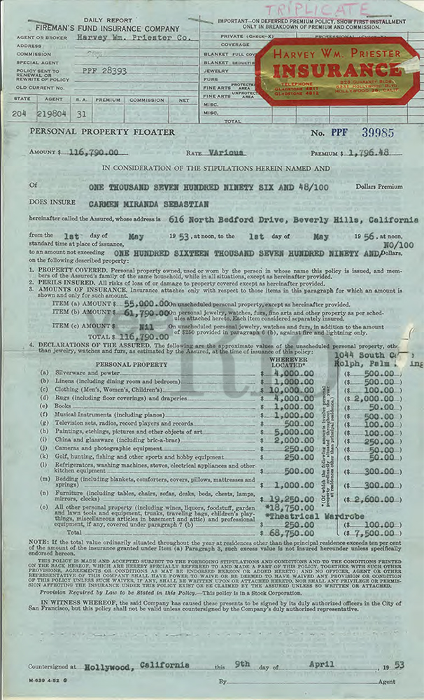 Apólice de seguro de jóias, roupas e bijuterias de Carmen, avaliados de 116.790 mil dólares em 1953 Apólice de seguro de jóias, roupas e bijuterias de Carmen, avaliados de 116.790 mil dólares em 1953