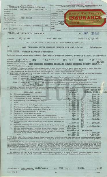 Apólice de seguro de jóias, roupas e bijuterias de Carmen, avaliados de 116.790 mil dólares em 1953 Apólice de seguro de jóias, roupas e bijuterias de Carmen, avaliados de 116.790 mil dólares em 1953