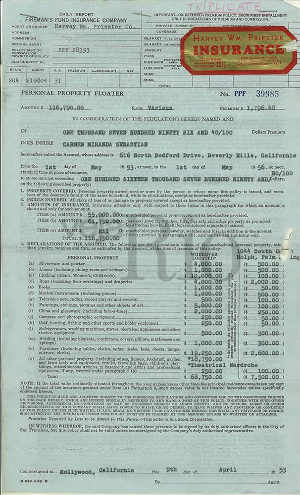 Apólice de seguro de jóias, roupas e bijuterias de Carmen, avaliados de 116.790 mil dólares em 1953 Apólice de seguro de jóias, roupas e bijuterias de Carmen, avaliados de 116.790 mil dólares em 1953