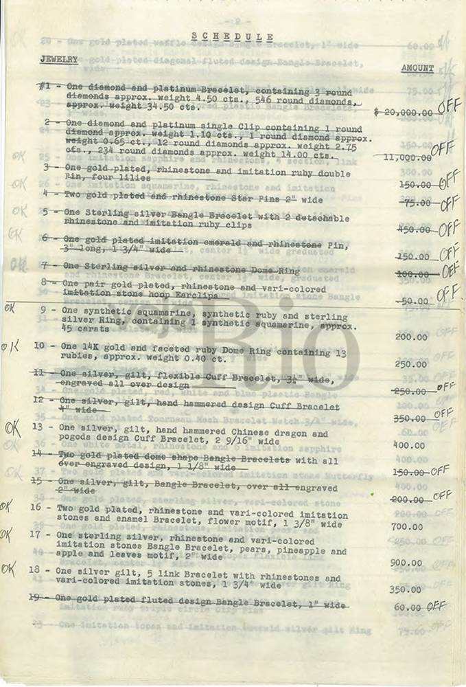 Ap&oacute;lice de seguro de j&oacute;ias, roupas e bijuterias de Carmen, avaliados de 116.790 mil d&oacute;lares em 1953