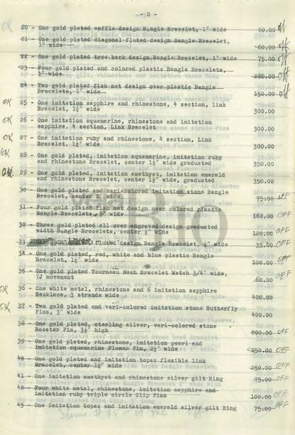 Ap&oacute;lice de seguro de j&oacute;ias, roupas e bijuterias de Carmen, avaliados de 116.790 mil d&oacute;lares em 1953