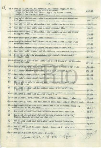 Ap&oacute;lice de seguro de j&oacute;ias, roupas e bijuterias de Carmen, avaliados de 116.790 mil d&oacute;lares em 1953