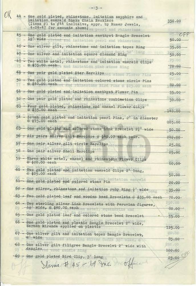 Ap&oacute;lice de seguro de j&oacute;ias, roupas e bijuterias de Carmen, avaliados de 116.790 mil d&oacute;lares em 1953