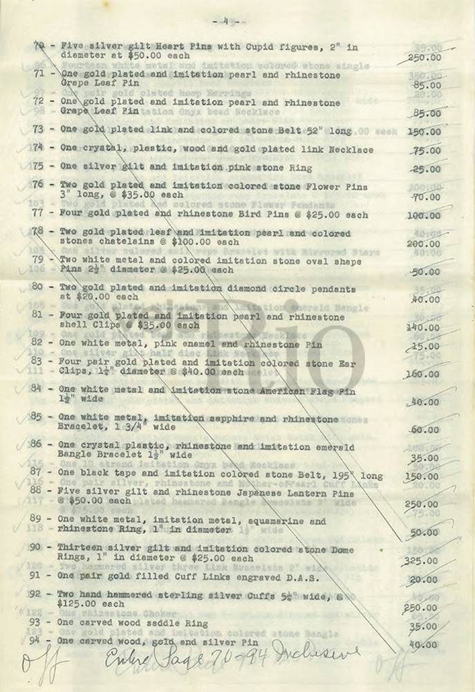 Ap&oacute;lice de seguro de j&oacute;ias, roupas e bijuterias de Carmen, avaliados de 116.790 mil d&oacute;lares em 1953