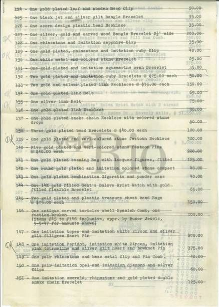 Ap&oacute;lice de seguro de j&oacute;ias, roupas e bijuterias de Carmen, avaliados de 116.790 mil d&oacute;lares em 1953