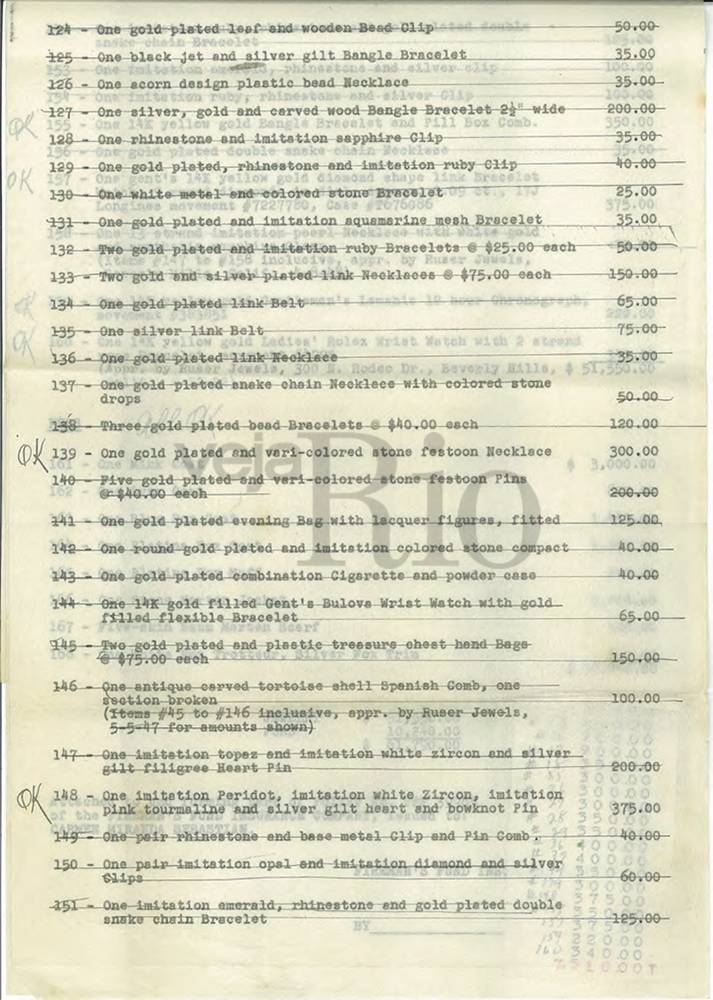 Ap&oacute;lice de seguro de j&oacute;ias, roupas e bijuterias de Carmen, avaliados de 116.790 mil d&oacute;lares em 1953