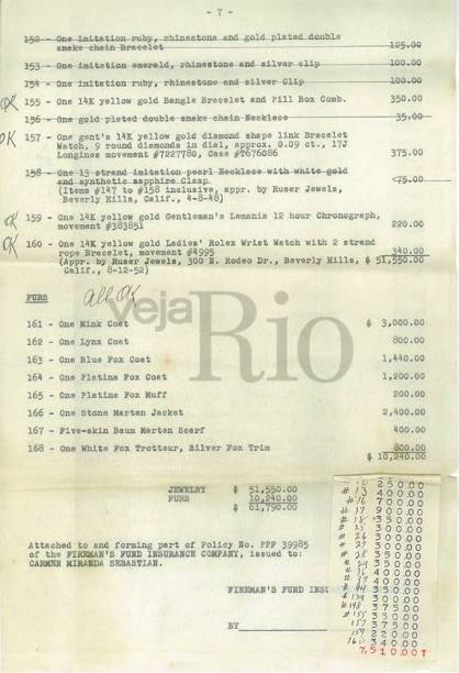 Ap&oacute;lice de seguro de j&oacute;ias, roupas e bijuterias de Carmen, avaliados de 116.790 mil d&oacute;lares em 1953