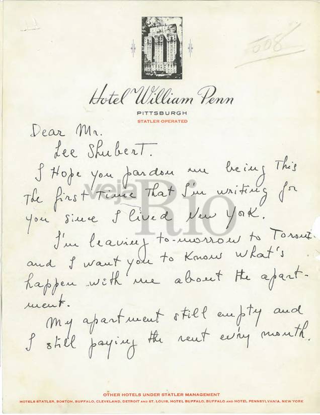 Carta escrita por Carmen em que ela reclama das condições de vida com Lee Shubert Carta escrita por Carmen em que ela reclama das condições de vida com Lee Shubert
