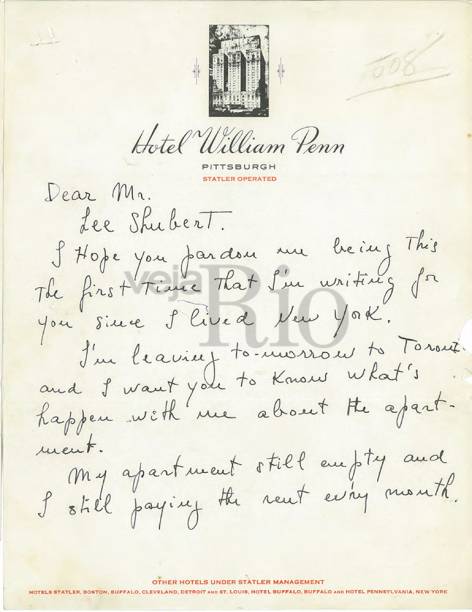 Carta escrita por Carmen em que ela reclama das condições de vida com Lee Shubert Carta escrita por Carmen em que ela reclama das condições de vida com Lee Shubert