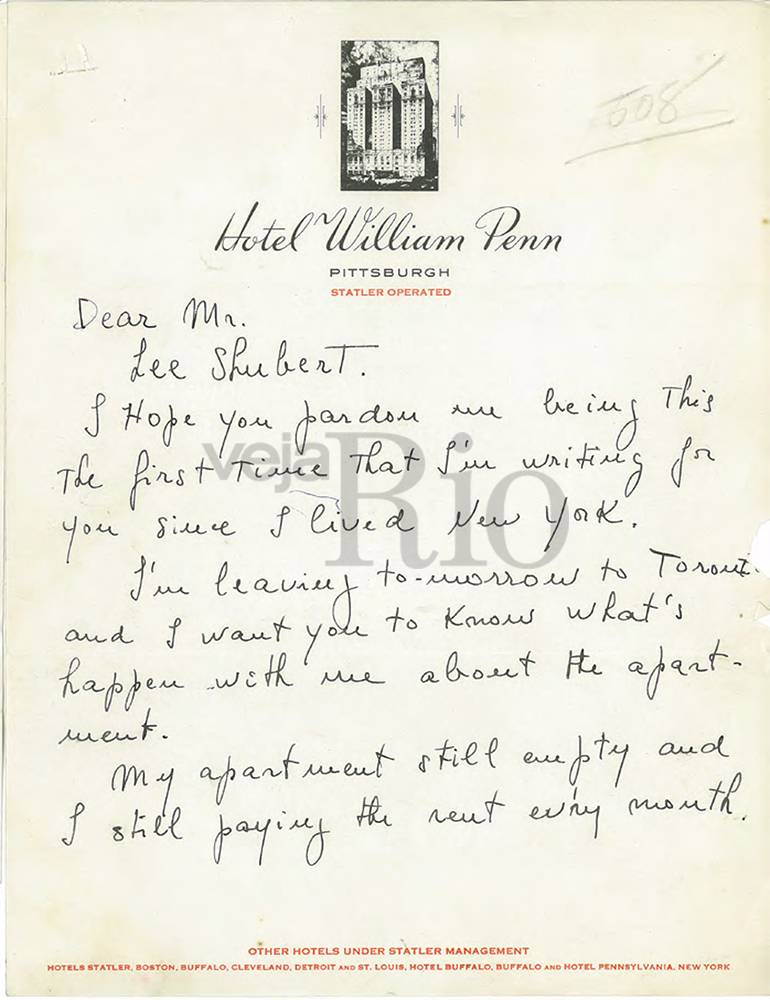 Carta escrita por Carmen em que ela reclama das condições de vida com Lee Shubert Carta escrita por Carmen em que ela reclama das condições de vida com Lee Shubert