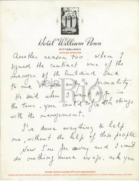 Carta escrita por Carmen em que ela reclama das condições de vida com Lee Shubert Carta escrita por Carmen em que ela reclama das condições de vida com Lee Shubert