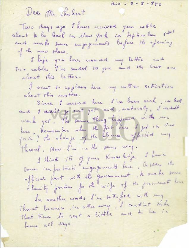 Carta escrita por Carmen em que ela reclama das condições de vida com Lee Shubert Carta escrita por Carmen em que ela reclama das condições de vida com Lee Shubert