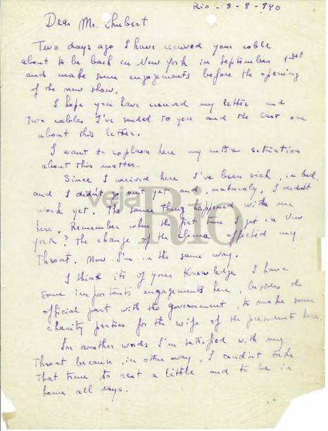 Carta escrita por Carmen em que ela reclama das condi&ccedil;&otilde;es de vida com Lee Shubert