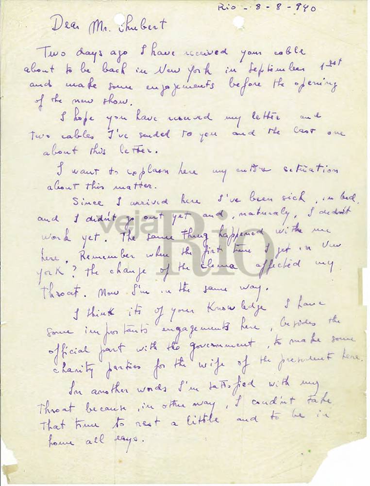 Carta escrita por Carmen em que ela reclama das condi&ccedil;&otilde;es de vida com Lee Shubert