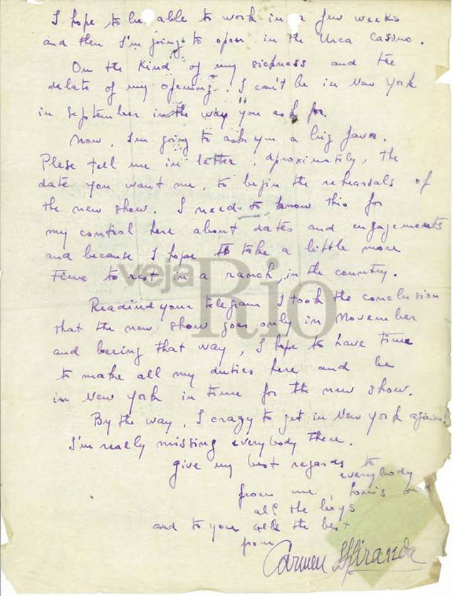 Carta escrita por Carmen em que ela reclama das condições de vida com Lee Shubert Carta escrita por Carmen em que ela reclama das condições de vida com Lee Shubert
