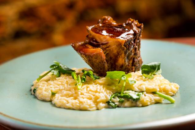 Costela assada em baixa temperatura, risoni de agrião e molho de ostras Costela assada em baixa temperatura, risoni de agrião e molho de ostras