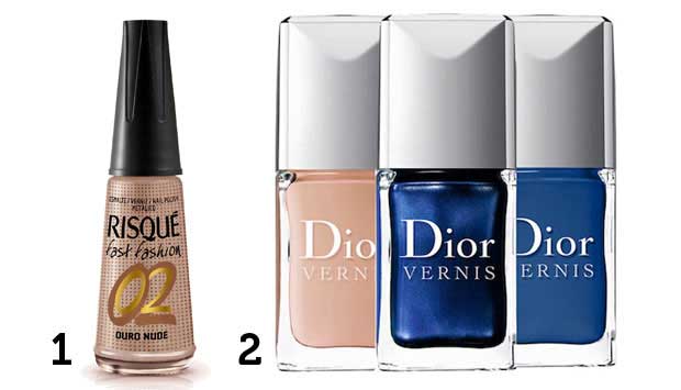 1.Risqué Fast Fashion Ouro Nude em edição imitada e com brilho chique, R$ 2,75*<br>2.Trio de esmaltes Dior: Beige Safari (cor da pele), Texudo (azul elétrico) e Blue Denim (azul jeans). Preço sob consulta.<br>