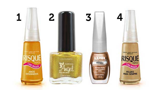 (1) Esmalte Anos Dourados (R$ 2,75*), da Risqué; (2) esmalte com brilho Beatrix (R$ 10*), da Sancion Angel; (3) esmalte cintilante Monalisa (R$ 2,60*), da Lumi; e (4) esmalte Felizes Para Sempre (R$ 2,75*), da Risqué<br> (1) Esmalte Anos Dourados (R$ 2,75*), da Risqué; (2) esmalte com brilho Beatrix (R$ 10*), da Sancion Angel; (3) esmalte cintilante Monalisa (R$ 2,60*), da Lumi; e (4) esmalte Felizes Para Sempre (R$ 2,75*), da Risqué<br>