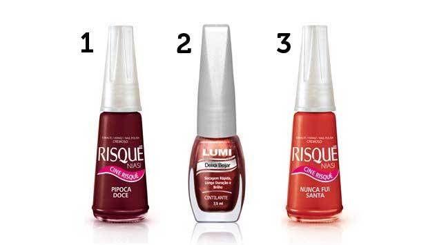 (1) Esmalte Pipoca Doce (R$ 2,75*), da Risqu&eacute;; (2) esmalte Deixa Beijar (R$ 2.60*), da Lumi; esmalte Nunca Fui Santa (R$ 2,75*), da Risqu&eacute;<br>
