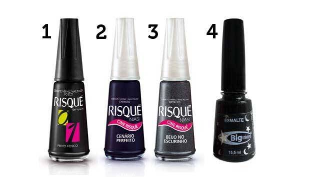 (1) Esmalte Preto Fosco (R$ 2,75*), da Risqu&eacute;; (2) esmalte Cen&aacute;rio Perfeito (R$ 2,75*),<br>da Risqu&eacute;; (3) esmalte Beijo no Escurinho (R$ 2,75*), da Risqu&eacute;; esmalte preto (R$ 10*), da Big Universo<br>*Pre&ccedil;os pesquisados em abril de 2011<br>