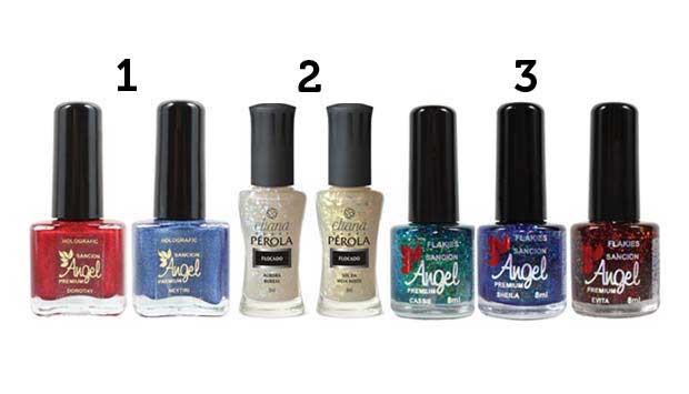 (1) Linha de esmalte Premium (R$ 10*), da Sancion Angel; (2) linha Pérloa, da marca Eliana (R$ 2*); e (3) coleção Flakies tem verde, vermelho e azul, com flocos irregulares na fórmula que promovem efeitos diferentes de acordo com a incidência de luz (R$ 1<br> (1) Linha de esmalte Premium (R$ 10*), da Sancion Angel; (2) linha Pérloa, da marca Eliana (R$ 2*); e (3) coleção Flakies tem verde, vermelho e azul, com flocos irregulares na fórmula que promovem efeitos diferentes de acordo com a incidência de luz (R$ 1<br>