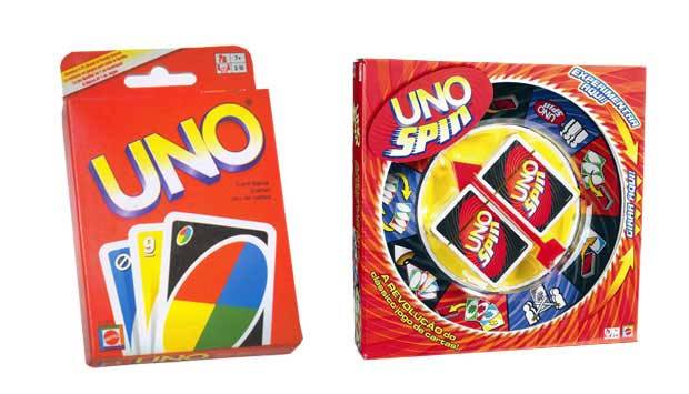 O jogo Uno, de cartas especiais em que o objetivo é terminar primeiro com suas cartas, faz sucesso desde a década de 70. No último ano, a Mattel lançou algumas variações que dão mais adrenalina ao jogo. Uma delas é o Uno Spin, em que uma roleta girada pod<br> O jogo Uno, de cartas especiais em que o objetivo é terminar primeiro com suas cartas, faz sucesso desde a década de 70. No último ano, a Mattel lançou algumas variações que dão mais adrenalina ao jogo. Uma delas é o Uno Spin, em que uma roleta girada pod<br>