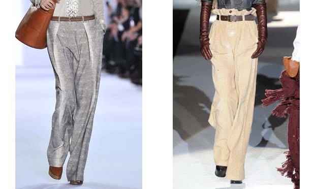 Tanto Chlo&eacute; (&agrave; esquerda), quanto Dsquared2 (&agrave; direita) investiram nas cal&ccedil;as mais larguinhas e confort&aacute;veis.<br>
