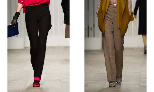 A marca brit&acirc;nica Jaeger variou nos modelos. &Agrave; esquerda, a silhueta &eacute; justa e o charme fica por conta da textura do material. &Agrave; direita, a alfaiataria despojada com cintura alta e silhueta mais larga.<br>