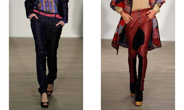 Matthew Williamson trocou de material e cor, mas os modelos s&atilde;o sempre de cintura baixa.<br>
