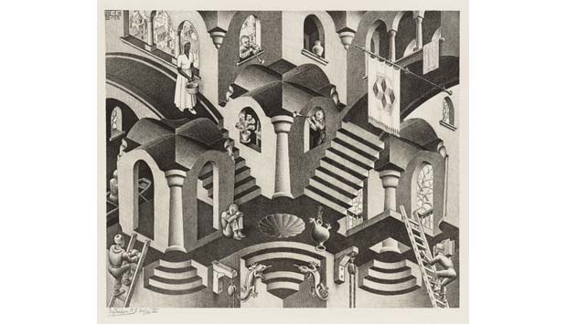 1955, de Maurits Cornelis Escher, integrante da mostra O Mundo M&aacute;gico de Escher. A mostra mais vista no mundo em 2011 &eacute; a quarta mais visitada da hist&oacute;ria do CCBB<br>