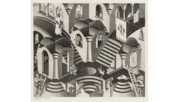 1955, de Maurits Cornelis Escher, integrante da mostra O Mundo M&aacute;gico de Escher. A mostra mais vista no mundo em 2011 &eacute; a quarta mais visitada da hist&oacute;ria do CCBB<br>