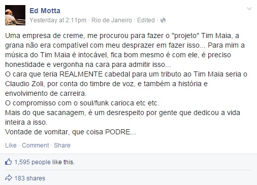 Ed Motta diz sentir vontade de vomitar com a turnê anunciada por Criolo e Ivete Sangalo em tributo a Tim Maia, seu tio