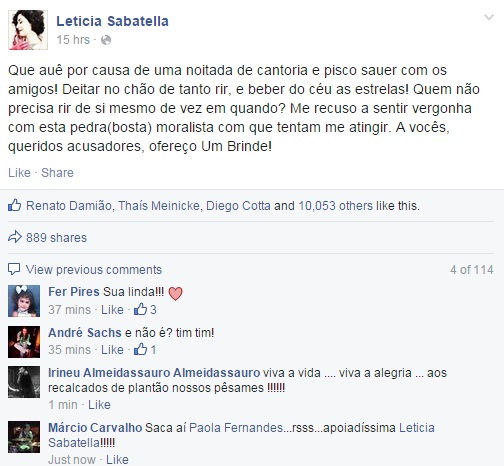 Leticia Sabatella rebate críticas após flagra de bebedeira. Atriz chegou a se deitar no chão da rua, veja foto