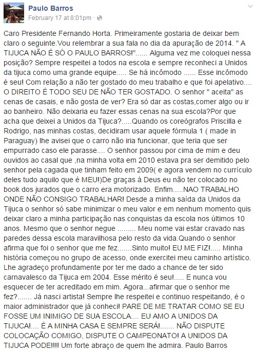 Viram essa? Paulo Barros responde as críticas de Fernando Horta, presidente da Unidos da Tijuca, sobre seu trabalho agora na Mocidade