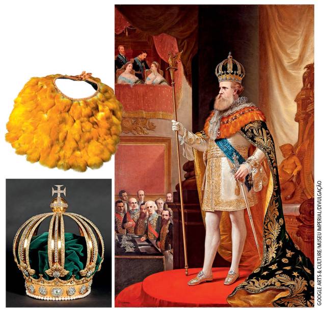 Museu Imperial: o significado das insígnias e dos brasões do traje majestático usado pelo imperador Pedro II em sua coroação é explicado em detalhes na mostra virtual. As peças, da coroa à estola de penas de tucano, simbolizavam o poder e a afirmação do Brasil como nação Museu Imperial: o significado das insígnias e dos brasões do traje majestático usado pelo imperador Pedro II em sua coroação é explicado em detalhes na mostra virtual. As peças, da coroa à estola de penas de tucano, simbolizavam o poder e a afirmação do Brasil como nação