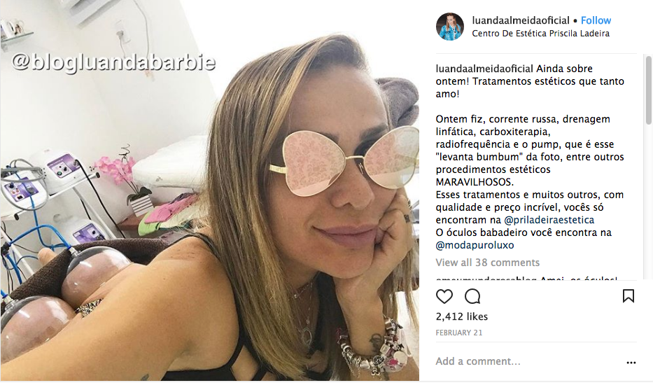 Ela costuma ganhar tratamentos corporais e faciais em troca de divulga&ccedil;&atilde;o