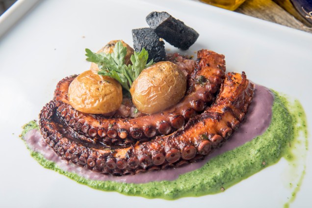 Polvo marinado com pimenta, molho de azeitona preta e de espinafre, batatas salteadas e carvão comestível