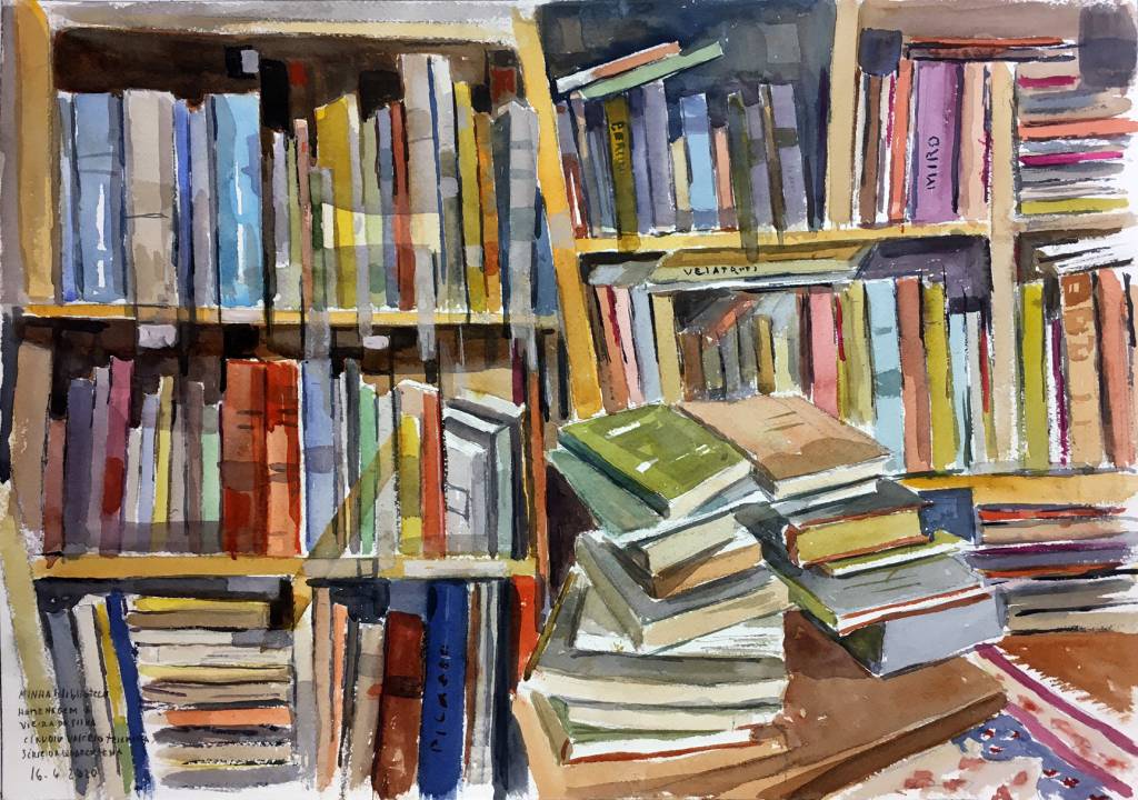 Biblioteca Pintura em aquarela mostra um biblioteca, com livros de diferentes cores e tamanhos