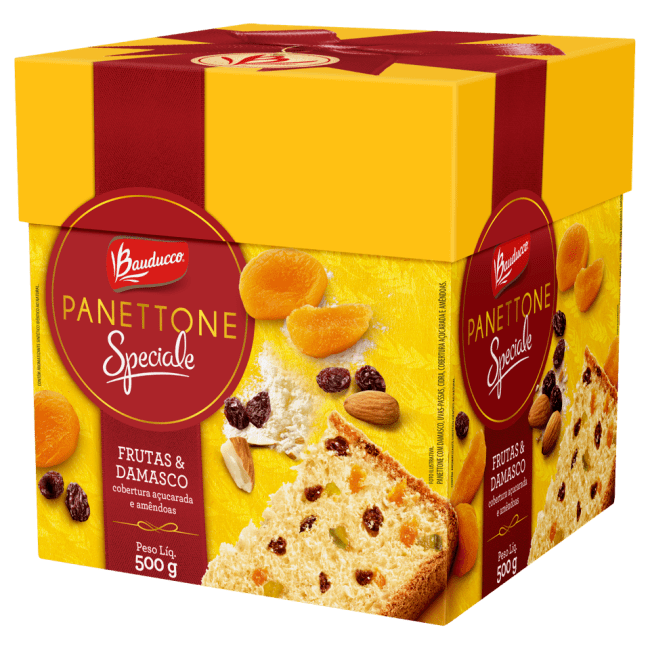 A imagem mostra um panettone da Bauducco em embalagem de papelão