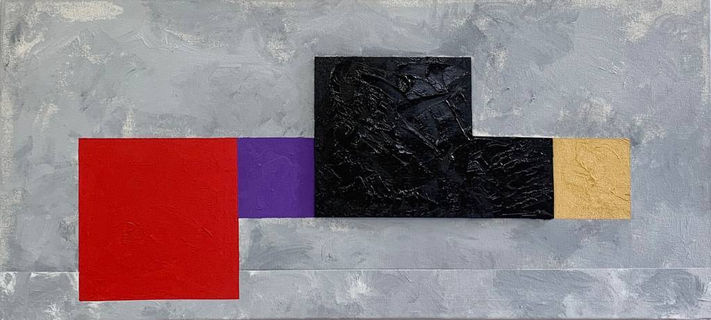 Eduardo Sued Pintura em fundo cinza tem formas geométricas em vermelho, roxo e preto