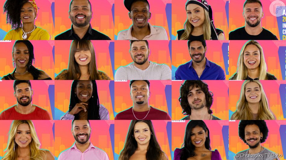 Montagem de fotos dos 18 participantes do reality show Big Brother Brasil 2021 sobre fundo colorido.