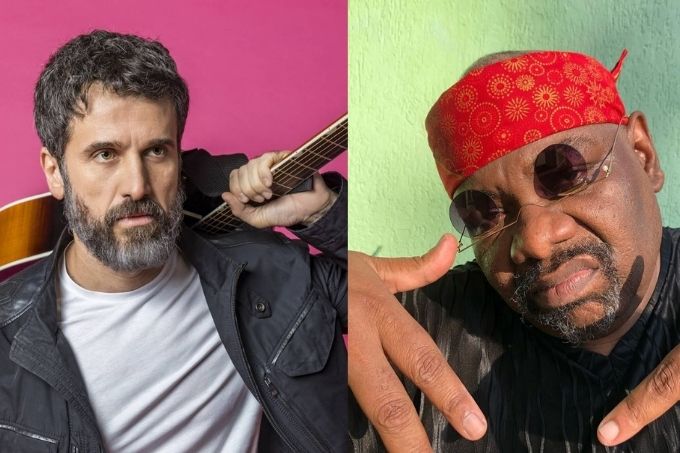 Montagem com Eriberto Leão segurando um violão na esquerda e Serjão Loroza, de óculos e bandana, na direita